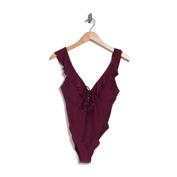 ROBIN PICCONE Juliana Plunge One Piece Ruffle Swimsuit Burgundy Wine 8 - Picture 4 of 8